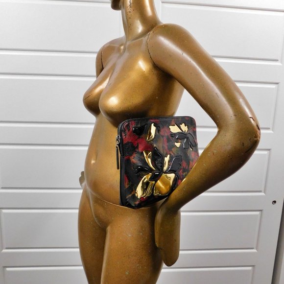 New‎ 3.1 Phillip Lim Black leather Gold Red Brown Leaf Clutch Bag